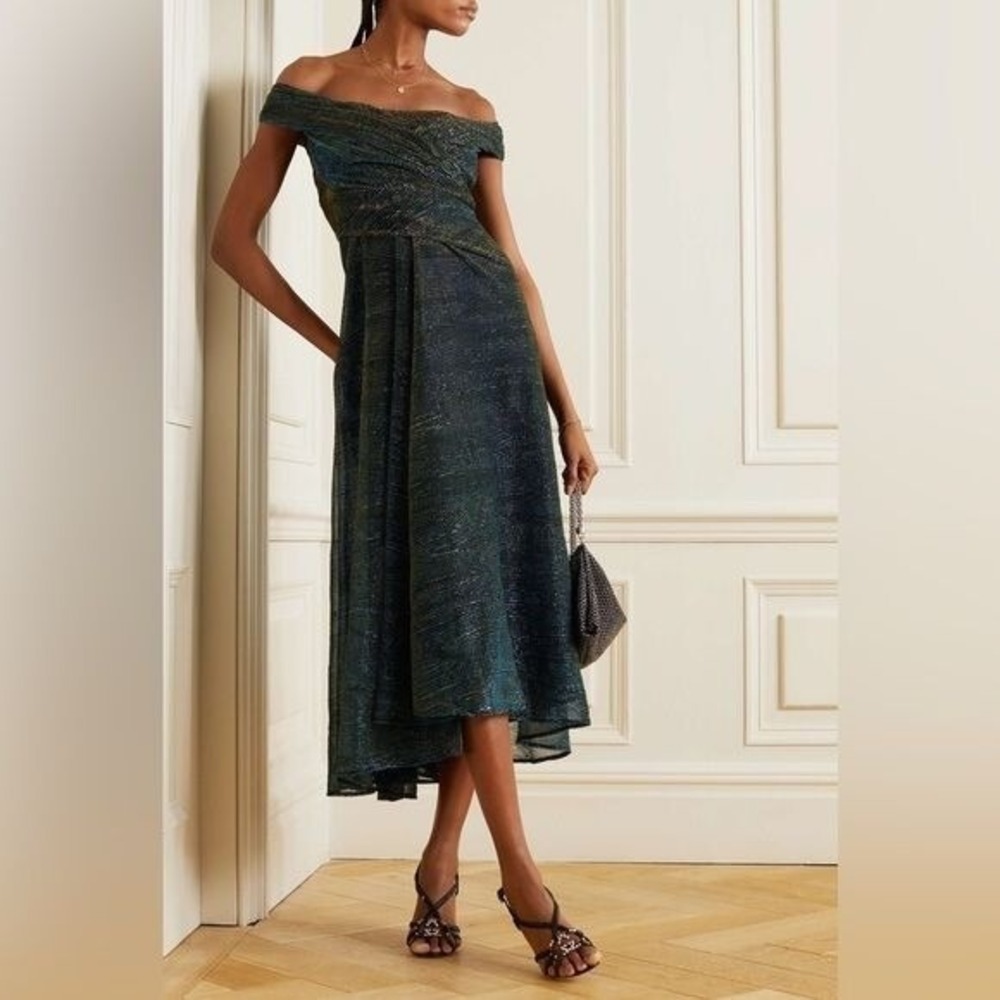 Talbot Runhof Dress Draped Metallic Voile Midi Sz 2